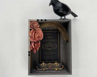 halloween shadow box. mixed media assemblage diorama. cemetery.  antique funeral remeberance card.  crow and pink roses.