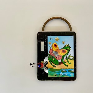 frog loteria card assemblage art. la rana mixed media folk art.