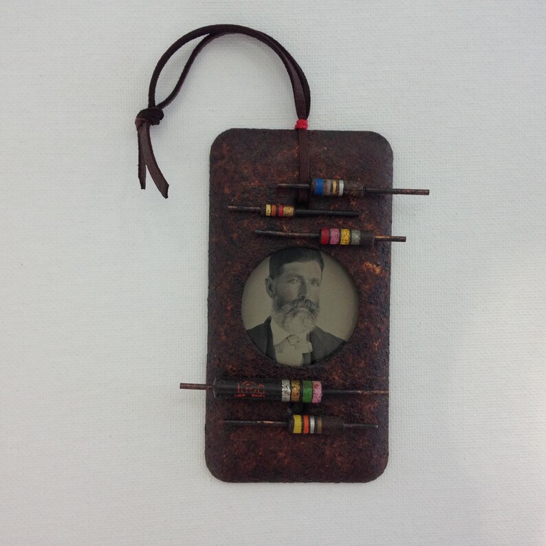 vintage tin type assemblage art ohm electric vibes one of a kind and original.