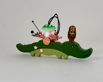 crocodile assemblage art ornament. alligator folk art. quirky one of a kind and original.