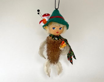 art doll ornament. vintage peg doll assemblage folk art. one of a kind and original. quirky and kitschy hanging art.