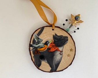 cat and bird mixed media assemblage art ornament. collage folk art. hunting buddies. one of a kind and original hanging art.