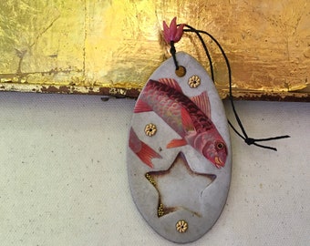 fish assemblage art. pink and gray star found object art. one of a kind and original ornament.