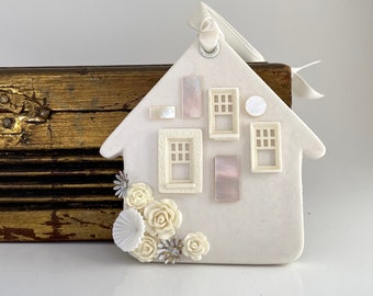 home sweet home. a white house mixed media assemblage art ornament. one of a kind and original folk art.