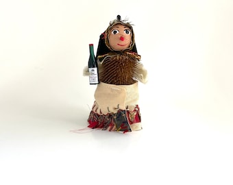 old woman and wine assemblage art christmas ornament. one of a kind folk art ornament. mixed media hanging art.