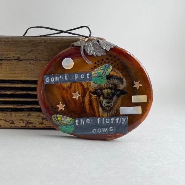 buffalo assemblage art ornament. don't pet the fluffy cows one of a kind and original found object folk art.