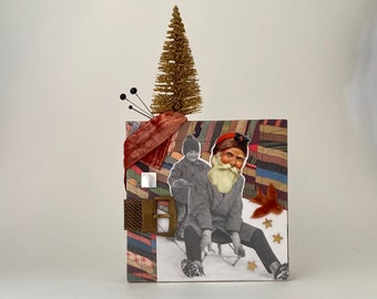 winter mixed media collage art. vintage photograph with santa. one of a kind and original folk art. victorian home decor.