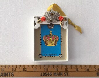 crown shadow box ornament. la corona.  hanging art with rhinestone crown.  loteria card.