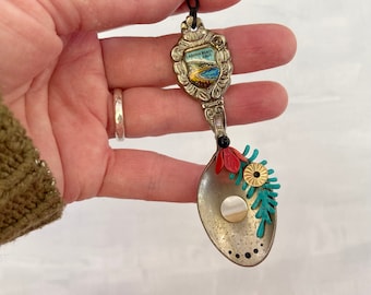 laguna beach california souvenir spoon assemblage art. one of a kind and original hanging art.