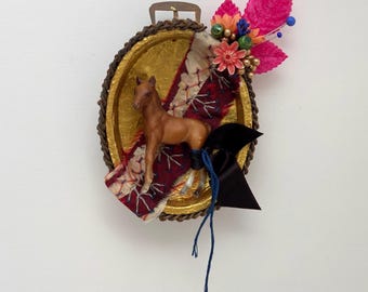 horse found object assemblage, one of a kind and original mixed media folkart, foal ornament