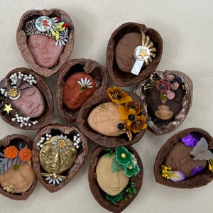 goddess in a nutshell, mixed media assemblage altar art, thinking of you gift, one of a kind folk art, walnut shell art