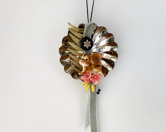 chipmunk with flowers assemblage art ornament. found object folk art. vintage finds one of a kind hanging art.