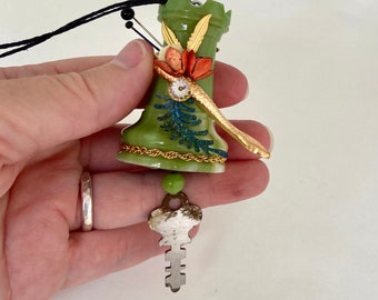 chess ornament rook assemblage art ornament. castle with snake. one of a kind hanging folk art. repurposed vintage finds.