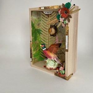 pheasant assemblage art, found object shadowbox,  woodland diorama,  one of and kind and original folk art