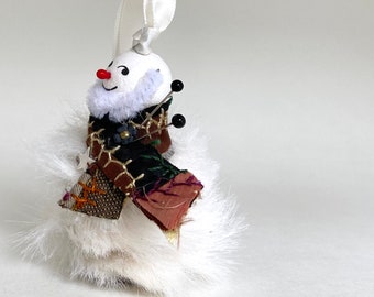 faux fur assemblage snowman. whimsical folk art. one of a kind and original christmas ornament. found object mixed media sculpture.