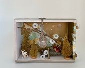 winter scene diorama. woodland shadow box. gold trees and deer. one of a kind and original assemblage art. mixed media folk art.