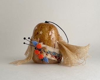 potato in a potato sack quirky assemblage art ornament. potato sack dress. one of a kind and original folk art.