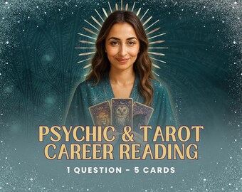 Può includere: Illustrazione di una donna che tiene in mano carte dei tarocchi, con il testo "PSYCHIC & TAROT CAREER READING" e "1 QUESTION - 5 CARDS" in lettere dorate. Lo sfondo è di colore teal con un effetto a stella.