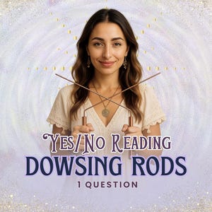 Puede incluir: Una mujer sostiene dos varillas de zahorí de cobre, con el texto "YES/NO READING DOWSING RODS 1 QUESTION" en una fuente decorativa. El fondo es un diseño suave y brillante con una paleta de colores claros.