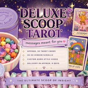 May include: A promotional image for a Deluxe Scoop Tarot set. The image features a purple tin labeled "Romance Mini Scrolls", a bowl of colorful cereal, and tarot cards. Text includes "Deluxe Scoop Tarot" and "messages meant for you".