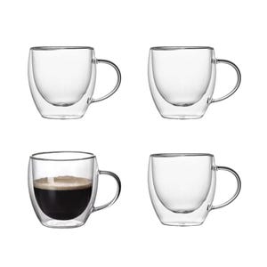 Double Wall Insulated Glass Cup, Drinking Coffee and Tea Mug with Handle , 250 ml - 8 Oz Capacity, Set of 4