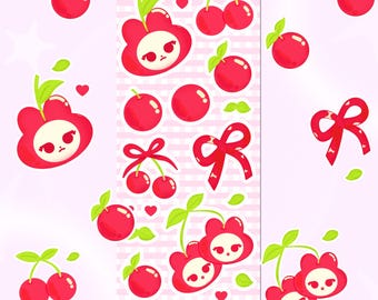 Kawaii Cherry Sticker Sheet | Kiss-Cut Matte Vinyl Sticker Sheet | 19 Stickers | 2.5 x 6”