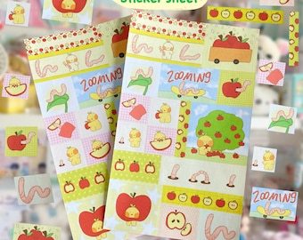 Apple and Worm Sticker Sheet |  Kiss-Cut Matte Vinyl Sticker Sheet | 18 Stickers | 3.7 x 7.0”