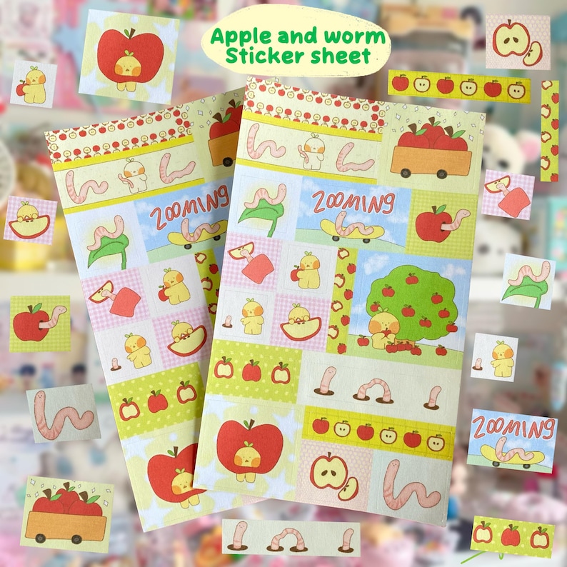 Apple and Worm Sticker Sheet – Cute Kawaii Stickers for Journaling, Scrapbooking, Planners | Lil Things Club Original Art
May include: A sheet of colorful stickers featuring apple and worm illustrations. The stickers have a variety of designs, including apples, worms, and apple trees. Some stickers have the word 'Zooming' on them. The color palette includes red, green, yellow, and blue.