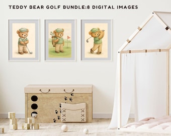 Decoración de pared para habitación infantil con temática de golf y osito de peluche - Decoración imprimible para habitación infantil - Habitación infantil con temática de golf - Descarga digital - Láminas para habitación infantil