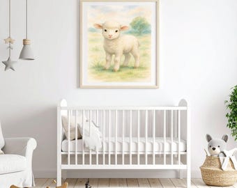 Arte de cordero bebé en acuarela/Arte de pared de guardería pastoral/Arte de animales de granja/Decoración de pared de guardería/Decoración de habitación infantil/Descarga digital