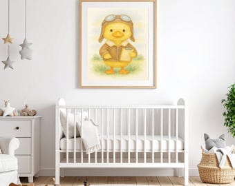 Watercolor Baby Duck Dressed as Pilot/Nursery Wall Art/ Aviation Nursery Decor/Cute Animal Print