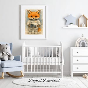 baby fox astronaut wall art-space nursery decor-woodland animal in space suit-cute space animal print-nursery wall decor