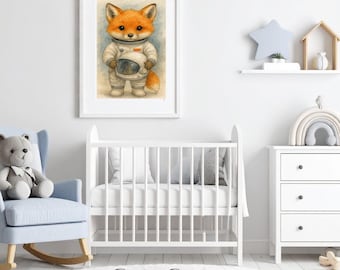 baby fox astronaut wall art-space nursery decor-woodland animal in space suit-cute space animal print-nursery wall decor