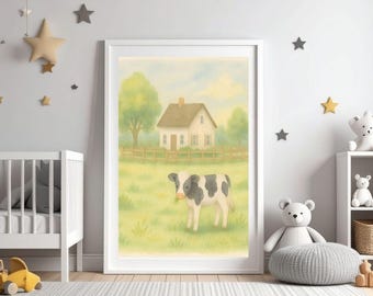 Pastoral farm nursery decor/farmhouse nursery decor/cute baby cow watercolor art/digital download/kids room wall art/farm animal print