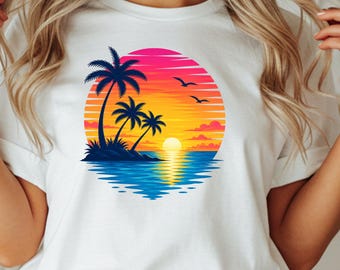 Camiseta Comfort Colors® Tropical Sunset, Camiseta para vacaciones en la playa, Camiseta con palmeras al atardecer, Camiseta de verano costera, Camiseta con océano al atardecer
