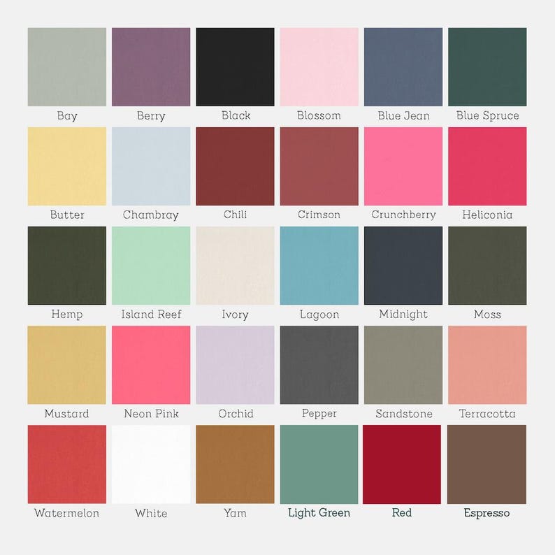 May include: A color palette featuring 28 solid color swatches, each labeled with a unique name. Colors range from light pastels like "Blossom" and "Chambray" to deeper hues such as "Midnight" and "Espresso". The swatches are arranged in a grid.