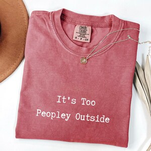 May include: A dusty rose Comfort Colors t-shirt with the phrase "It's Too Peopley Outside" in white block letters. A silver necklace with a small pendant rests on the shirt. A brown hat is visible in the upper left corner.