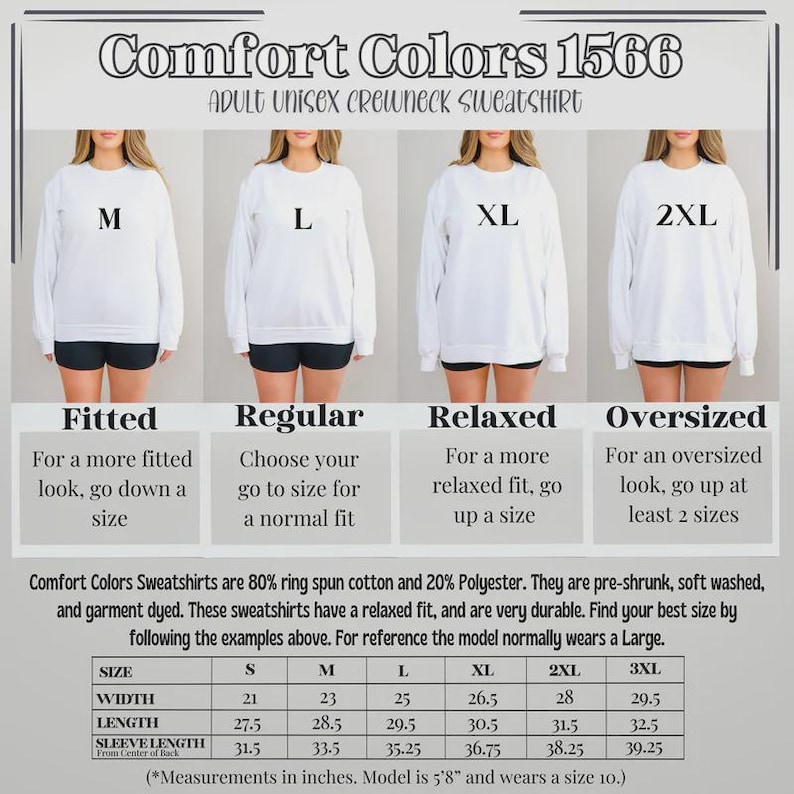 Puede incluir: Se muestran sudaderas blancas de cuello redondo Comfort Colors en tallas M, L, XL y 2XL. La imagen incluye una tabla de tallas con medidas en pulgadas y detalles sobre la composici&oacute;n de la tela y el ajuste.
