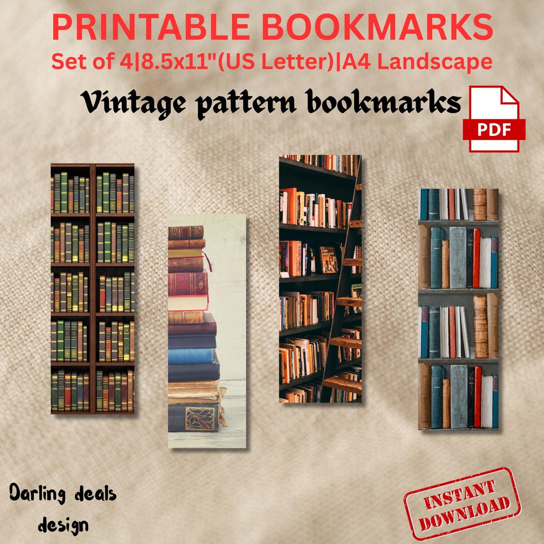 Printable Vintage Bookmarks Set of 4 – Library Bookshelf Digital ...