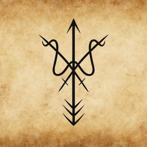 May include: Black, stylized symbol on a parchment-like background. The design features a central arrow shape with a trident-like base and two curved, looping elements on either side. Additional cross-like and pointed details complete the symmetrical composition.