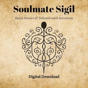 Könnte beinhalten: Digitaler Download eines Soulmate Sigil-Designs. Das schwarze Sigil ist ein kompliziertes, symmetrisches Muster mit wirbelnden Linien und einem zentralen vertikalen Element. Der Text lautet "Soulmate Sigil" und "Hand-Drawn & Infused with Intention".
