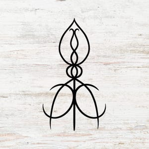 May include: A black, abstract line drawing with a symmetrical design. The artwork features a central vertical line with interconnected shapes, including a teardrop shape at the top, a figure-eight shape, and curved lines. The background is a light wood grain.