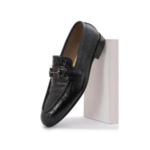 Handmade Black Crocodile Pattern Leather Loafers for Men - Formal Dress Shoes, Slip-On Horsebit Loafers