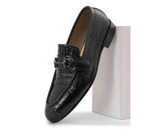 Handmade Black Crocodile Pattern Leather Loafers for Men - Formal Dress Shoes, Slip-On Horsebit Loafers