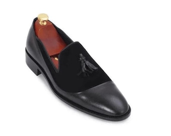 Handmade Black Suede Tassel Loafers | Classic Slip-On Dress Shoes