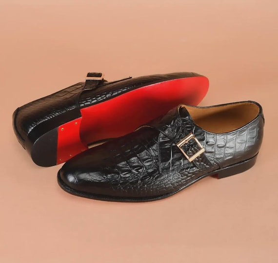 Handmade Black Alligator Crocodile Men Leather Single Monk Strap Dress Shoes
