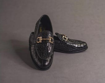 Handmade Crocodile Texture Penny Loafers: Men Black Leather Dress Shoes