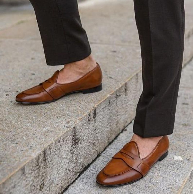Handgjorda bruna Penny Leather Loafers för män – Klassiska slip-on finskor bild 4