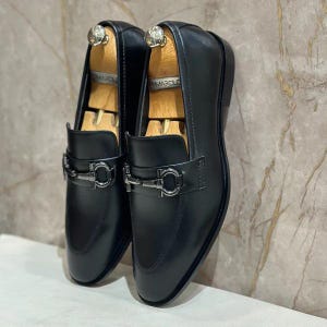 Handmade Black Leather Loafers for Men - Formal Dress Shoes, Horsebit Loafers, Wedding & Office Wear