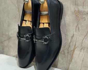 Handmade Black Leather Loafers for Men - Formal Dress Shoes, Horsebit Loafers, Wedding & Office Wear